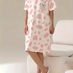 Bunny Print Lounge Dresses & Comfy Short Sleeve Home Dress Women's Loungewear