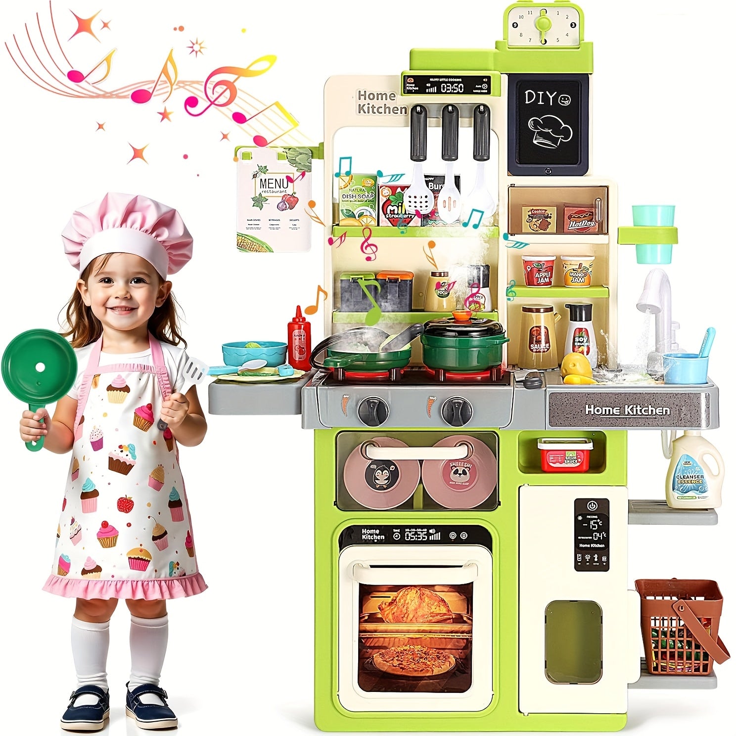 Kids Play Kitchen Set with Realistic Sound & Light Cooking Stove Sink Play Food
