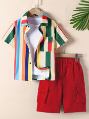 Boys Striped Shirt & Sport Shorts Set Comfortable for Summer Kids