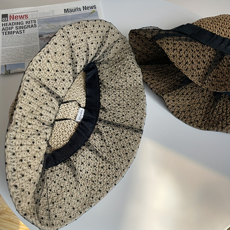 Mesh Straw Sun Hat Crochet Breathable Bucket Hat Wide Brim Foldable