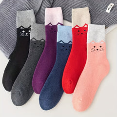6 Pairs Cartoon Cat Print Socks Women's Stockings & Hosiery