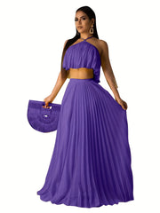 Solid Pleated Two piece Set Sleeveless Cropped Cami Top & High Waist Maxi Skirts