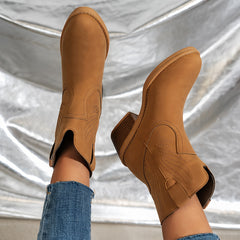 Floral Embroidered Western Boots Chunky Heel Shoes