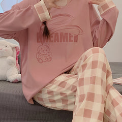 Bunny Print Pajama Set Long Sleeve Top & Plaid Pants Women's Sleepwear