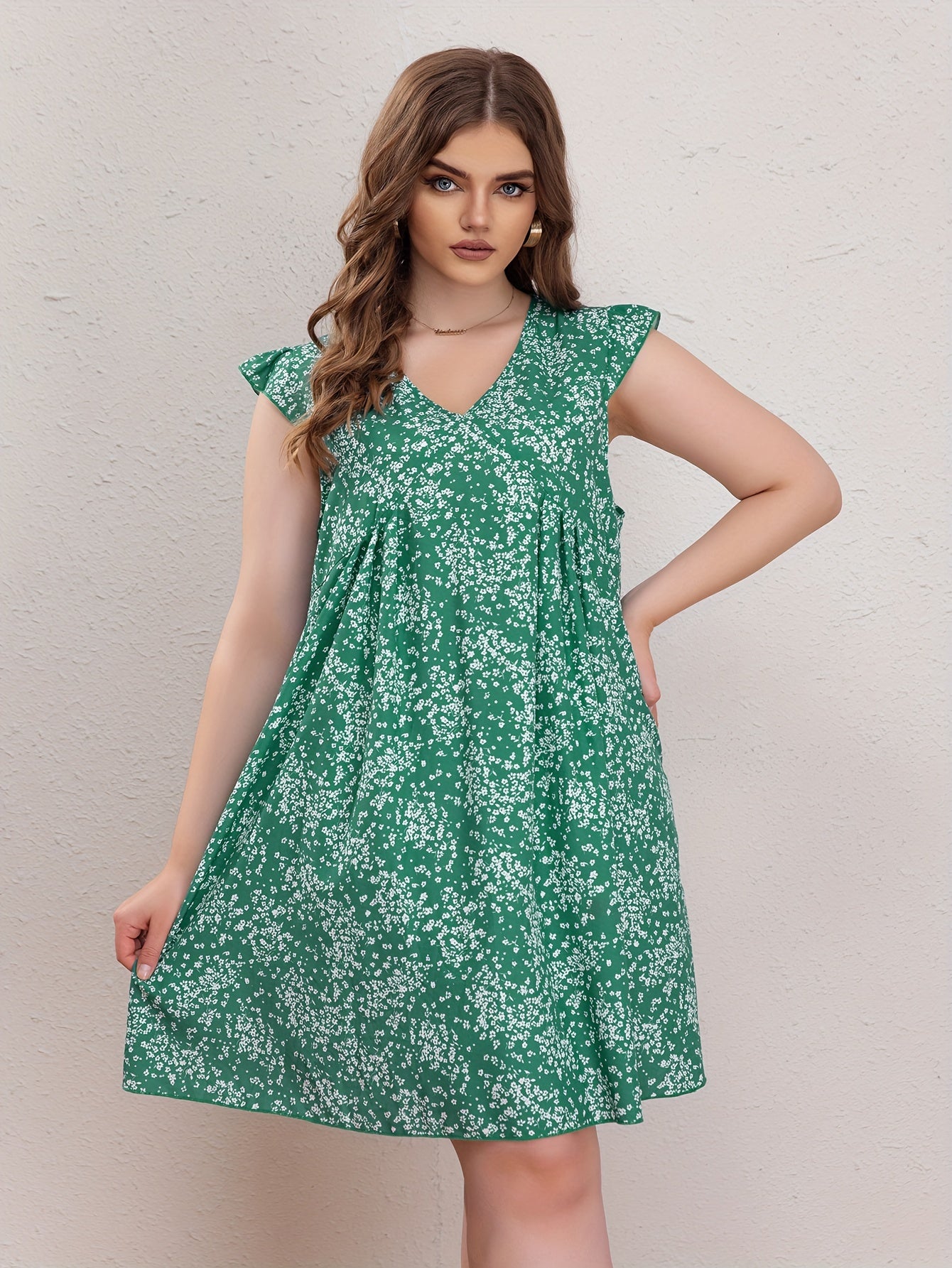 Casual Dress Women's Plus Ditsy Print Ruffle Sleeve V Neck Dress
