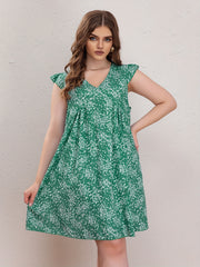 Casual Dress Women's Plus Ditsy Print Ruffle Sleeve V Neck Dress