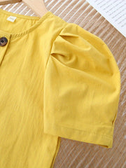 2pcs Toddler Girls Puff Sleeve Button Cotton Blouse Top & Wide Leg Pants Set