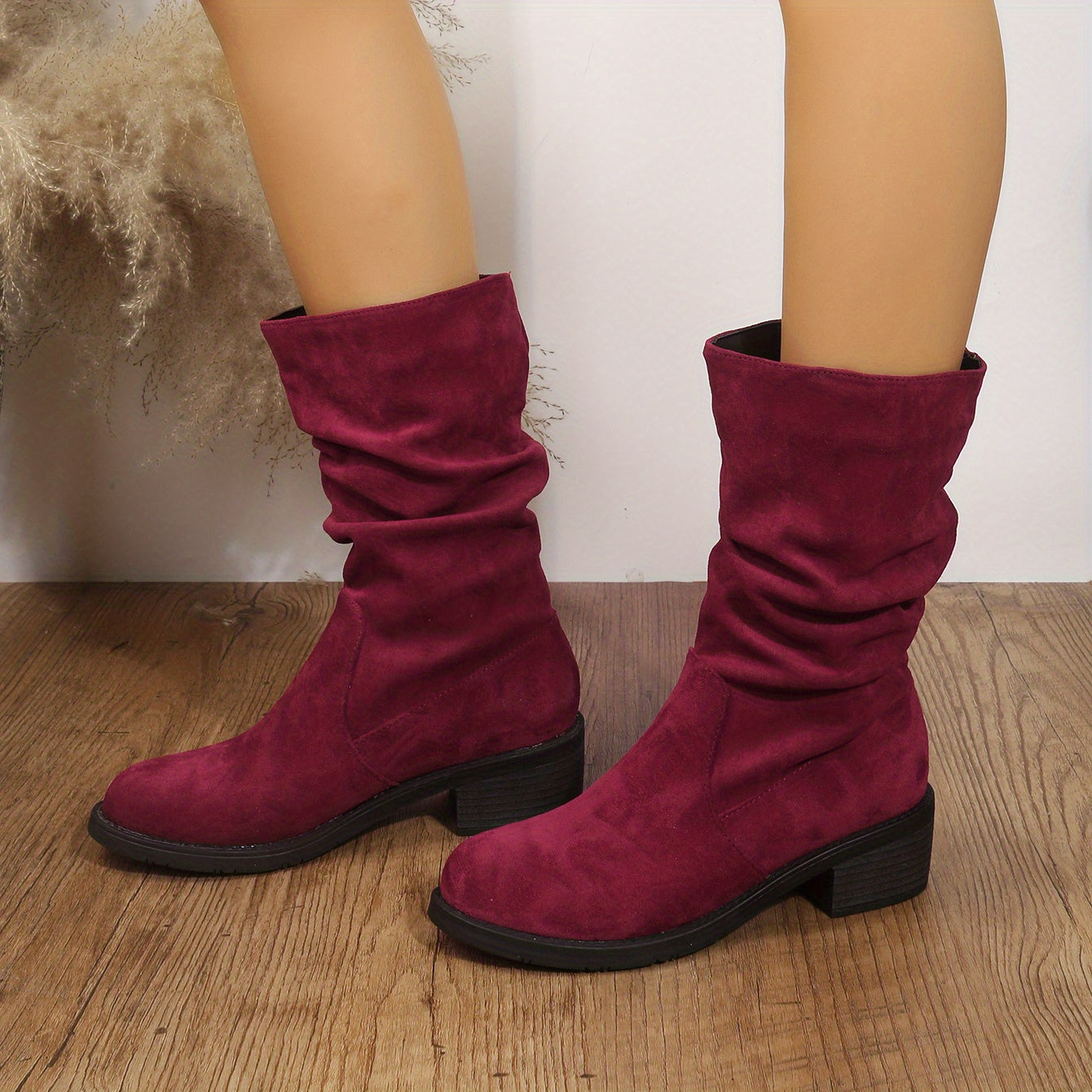 Mid Calf Retro Slouch Boots Low Heel Slip On Round Toe