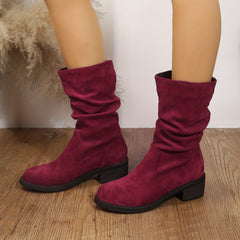 Mid Calf Retro Slouch Boots Low Heel Slip On Round Toe