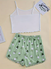 Cactus Print Pajama Set Crew Neck Cami Top & Shorts