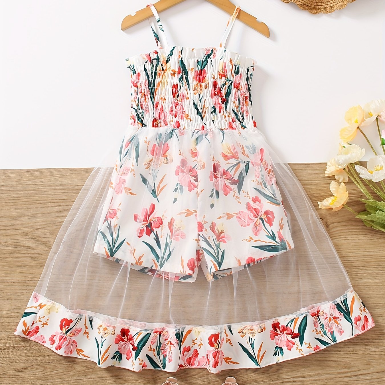 Toddler Girls Flowers Graphic Frill Trim Shirred Mesh Spliced Cami Rompers