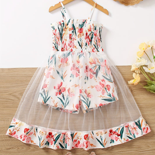 Toddler Girls Flowers Graphic Frill Trim Shirred Mesh Spliced Cami Rompers
