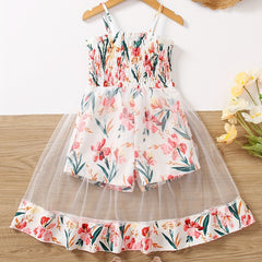 Toddler Girls Flowers Graphic Frill Trim Shirred Mesh Spliced Cami Rompers