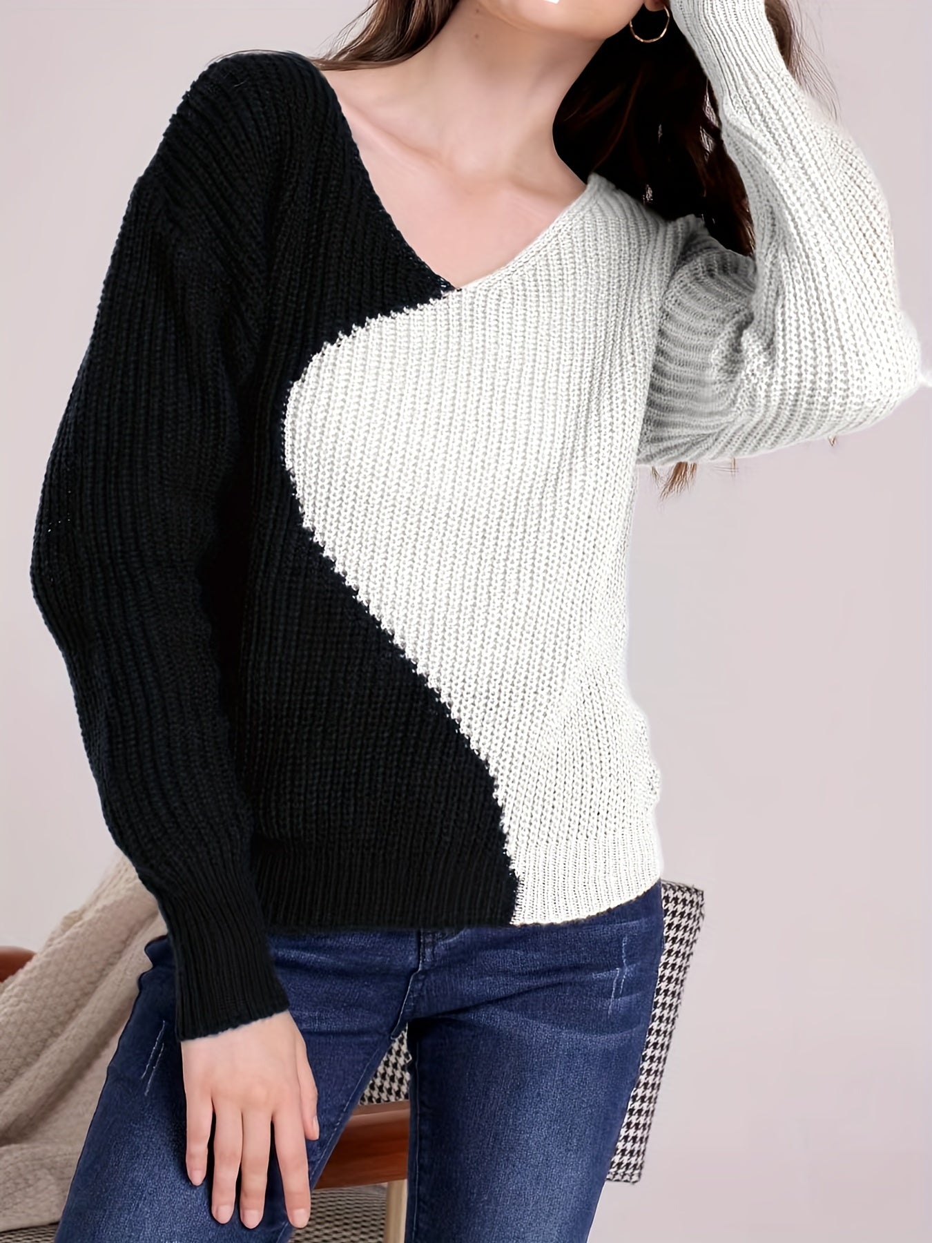 Drop Shoulder V-Neck Sweater Long Sleeve Casual