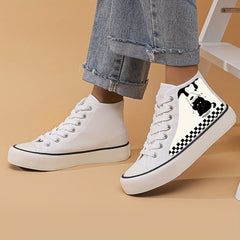 Girl's Cat Pattern High Top Skate Shoes Lace Up Sneakers