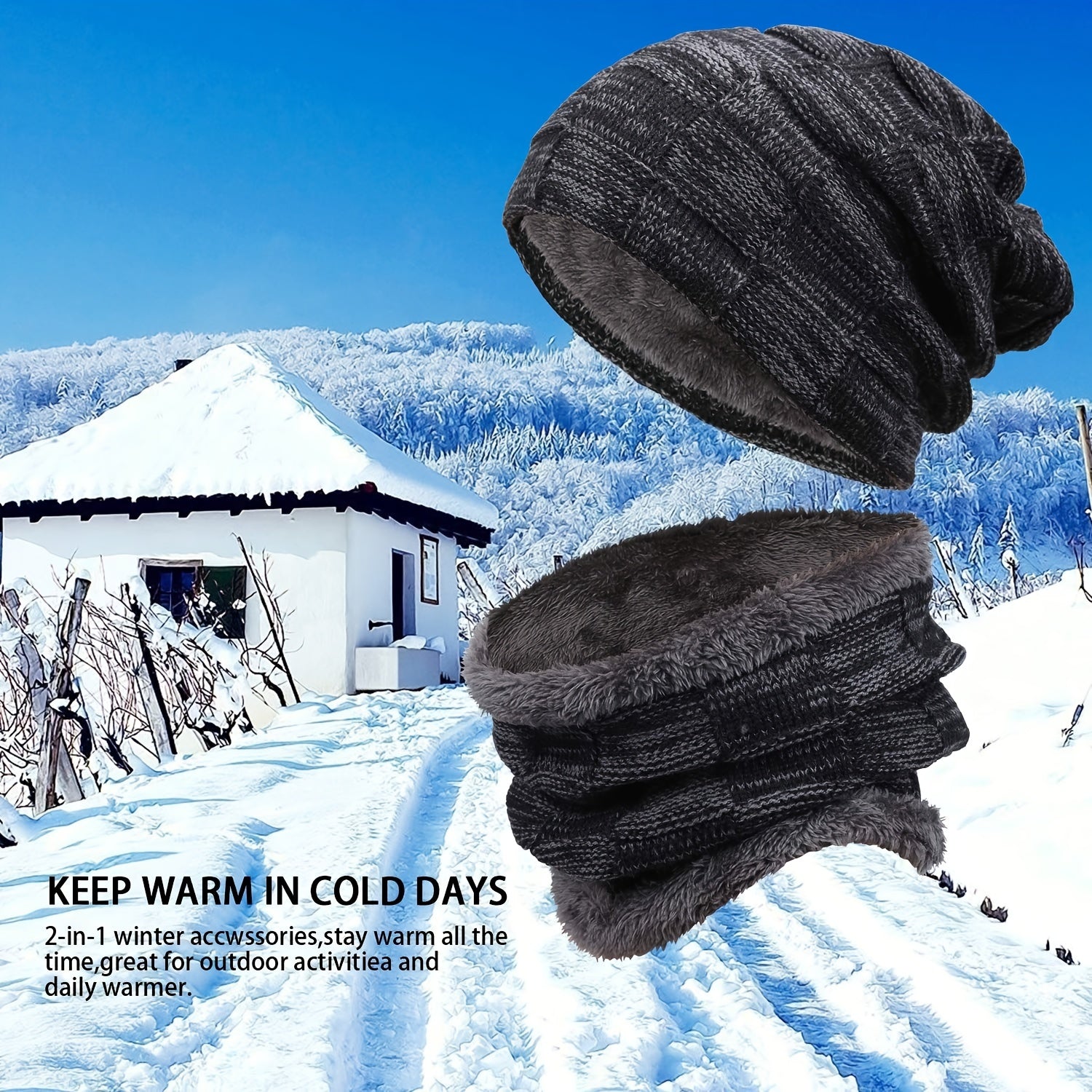 Mens Winter Beanie Hats Scarf Set Fleece Lined Warm Knitted & Scarf For Men