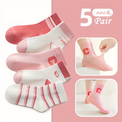 5 Pairs Girls Striped Casual Ankle Socks Comfortable Sport Socks for Toddlers