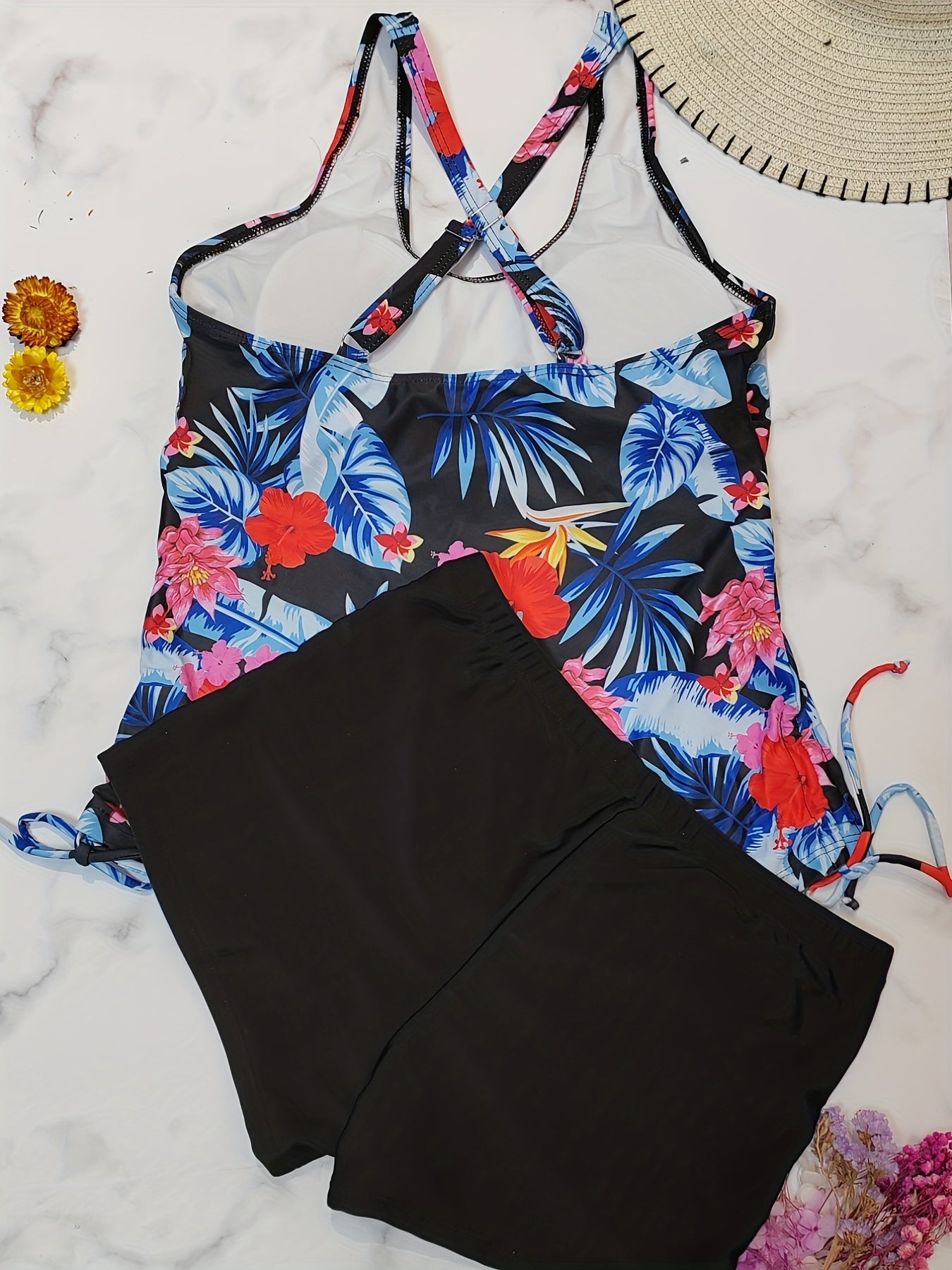 Tropical Print Tankini Set with Drawstring Top & Shorts