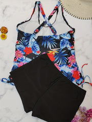 Tropical Print Tankini Set with Drawstring Top & Shorts