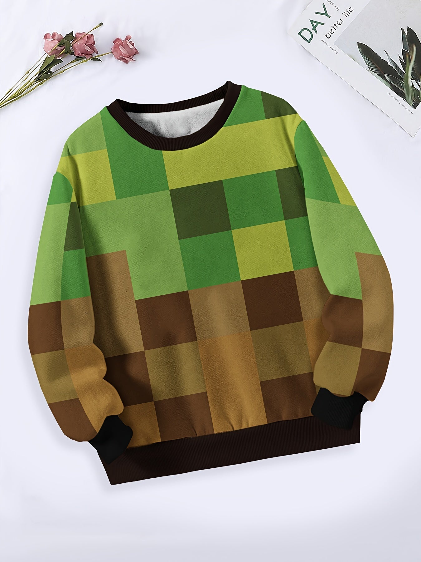 Plaid Crew Neck Pullover Sweatshirt Long Sleeve For Sports Christmas