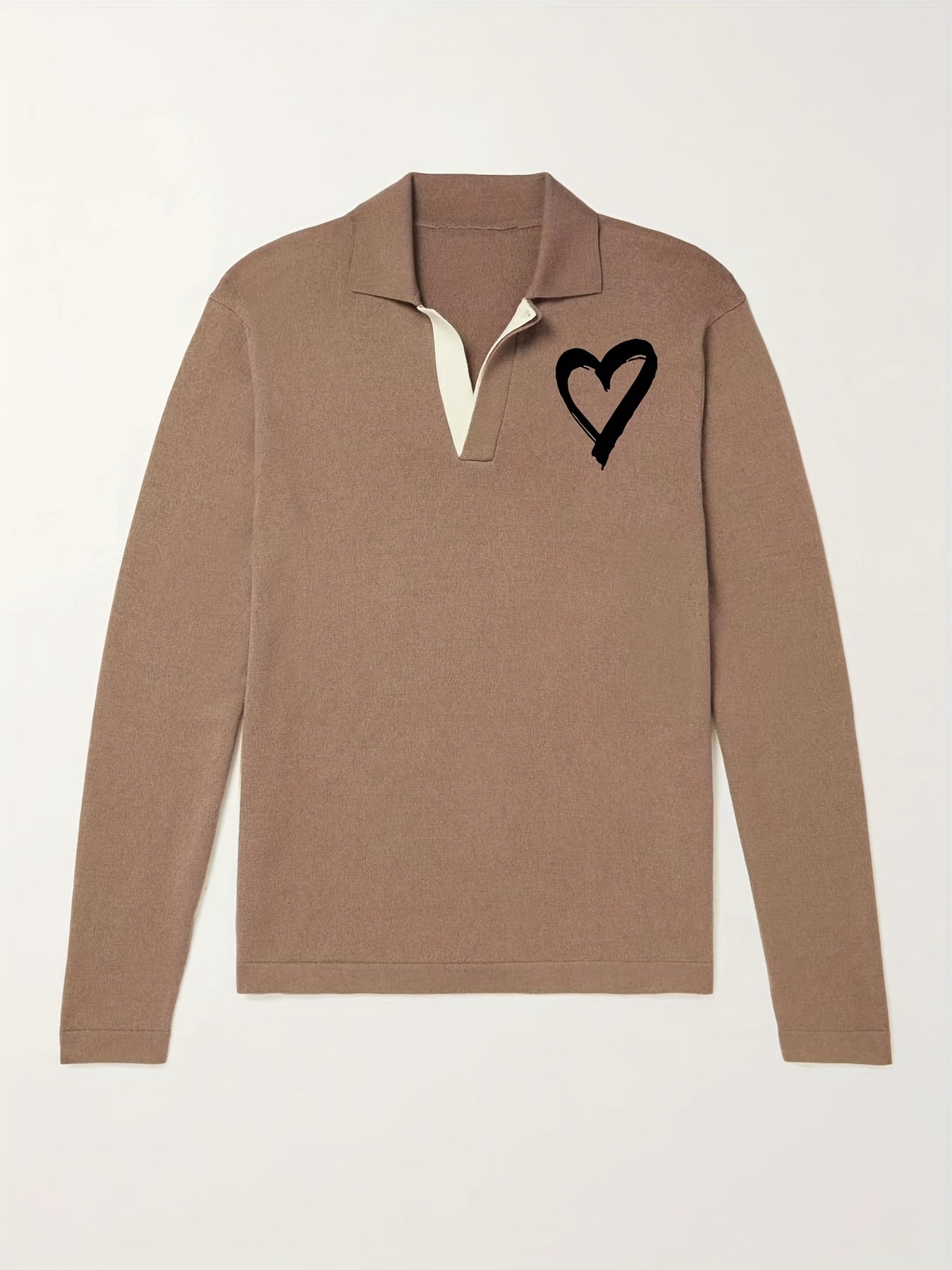 Heart Pattern Knit Polo Shirt Men's Casual Lapel Middle Stretch V Neck Pullover