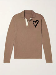 Heart Pattern Knit Polo Shirt Men's Casual Lapel Middle Stretch V Neck Pullover