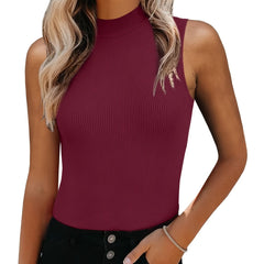 Ribbed Tank Top High Neck Slim Fit Sleeveless