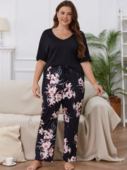 Floral Print Plus Size Pajamas Set Short Sleeve V Neck Tee & Pants