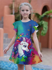 Girls Rainbow Unicorn 3D Print Dress Party Summer Kids Gift