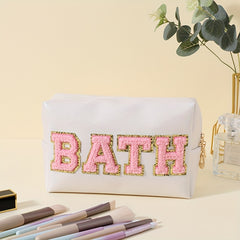 Preppy Letter Patch Makeup Bag Cosmetic Toiletry Bag Zipper Pouch