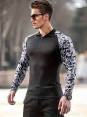 Men's Quick Dry Slim Fit Shirt Active Mid Stretch Lapel Zip Long Sleeve