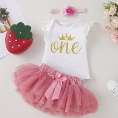 Baby Birthday Party Holiday Clothes Flutter Sleeve Romper & Princess Dress Set