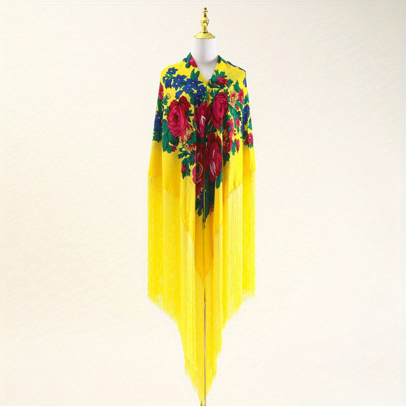 National Style Print Shawl Ultra Long Tassel Retro Style Shawl