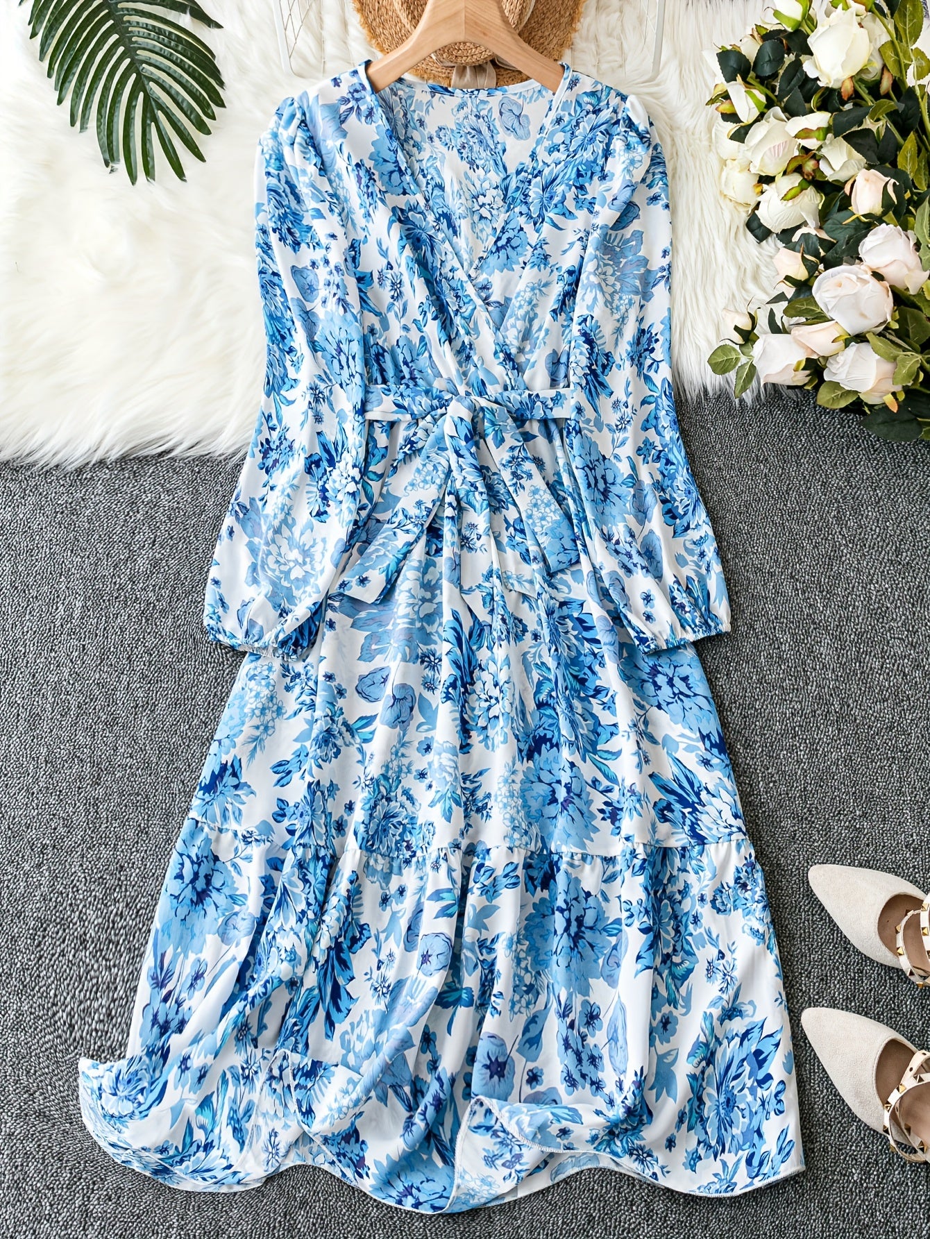 Floral Print Lantern Sleeve Smock Maxi Dress With Belt