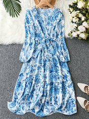 Floral Print Lantern Sleeve Smock Maxi Dress With Belt
