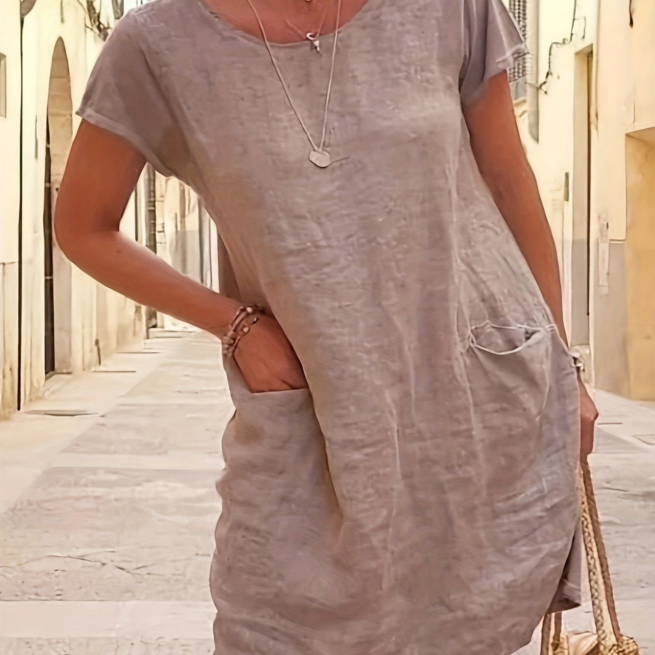 Round Neck Pocket Dress Casual Solid Short Sleeve Knee Length Dresses Women