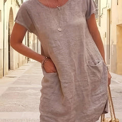 Round Neck Pocket Dress Casual Solid Short Sleeve Knee Length Dresses Women