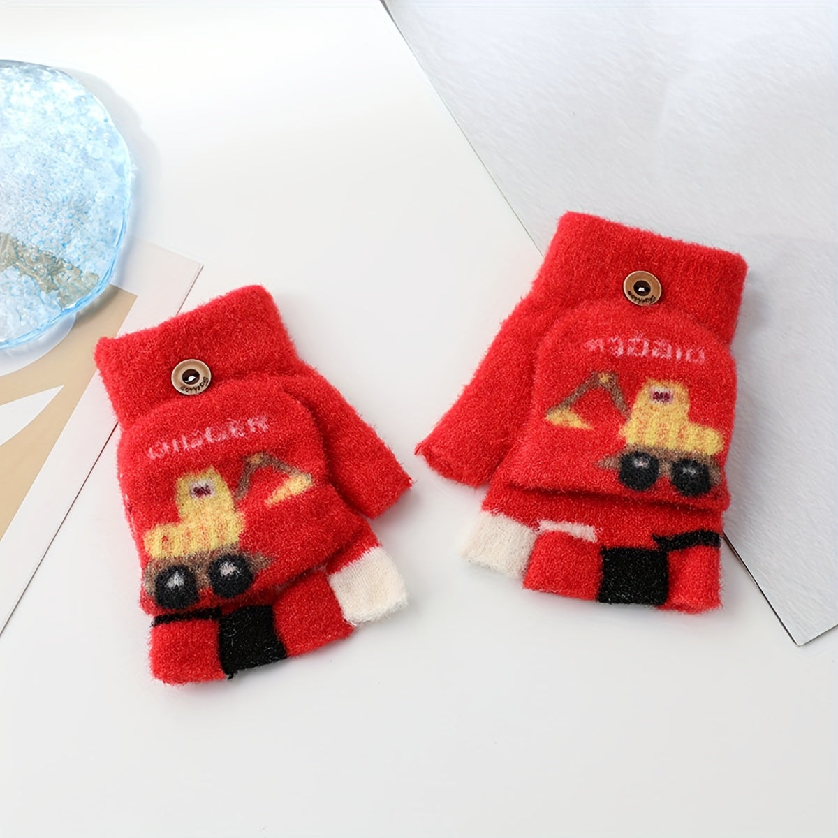 Kids Cartoon Excavator Half Finger Gloves
