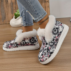 Skull Print Plush Lined Snow Boots High Top Warm Loafers