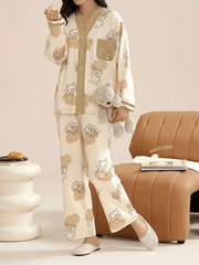 Bear Print Pajama Set Long Sleeve V Neck Buttons Top & Pants