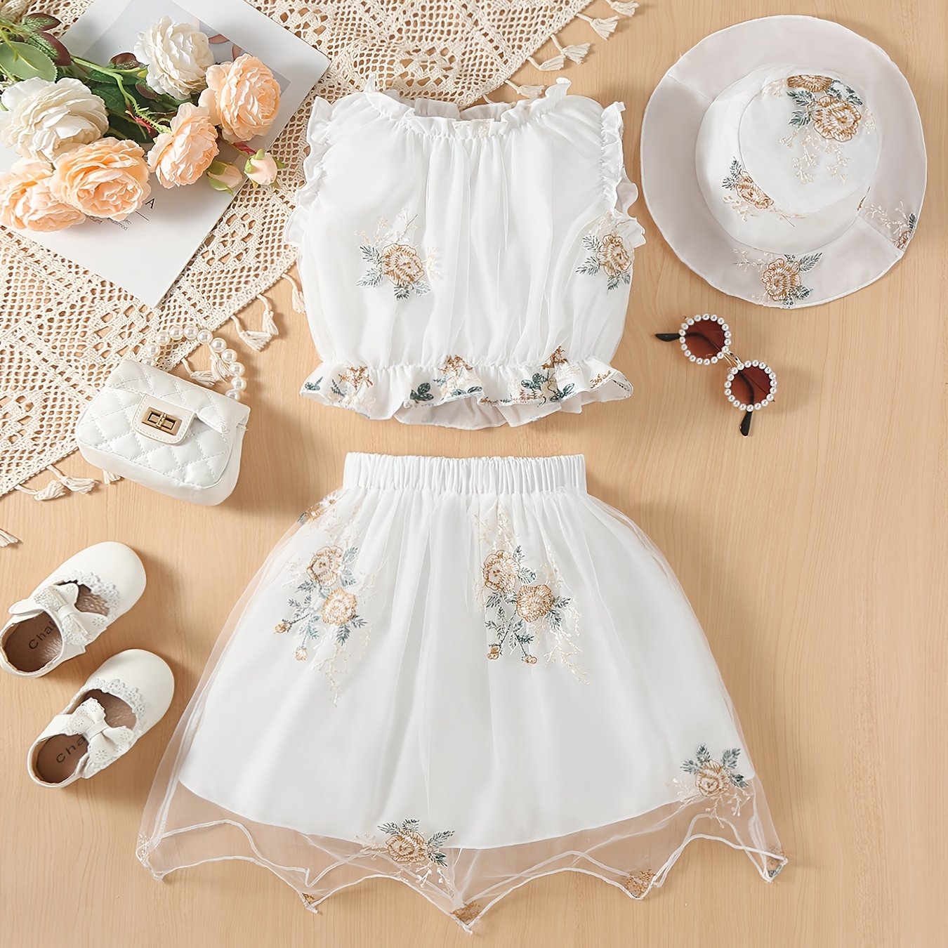 Mesh Flower Embroidery Hat & Ruffled Set for Kids