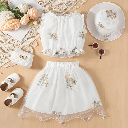 Mesh Flower Embroidery Hat & Ruffled Set for Kids