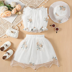 Mesh Flower Embroidery Hat & Ruffled Set for Kids