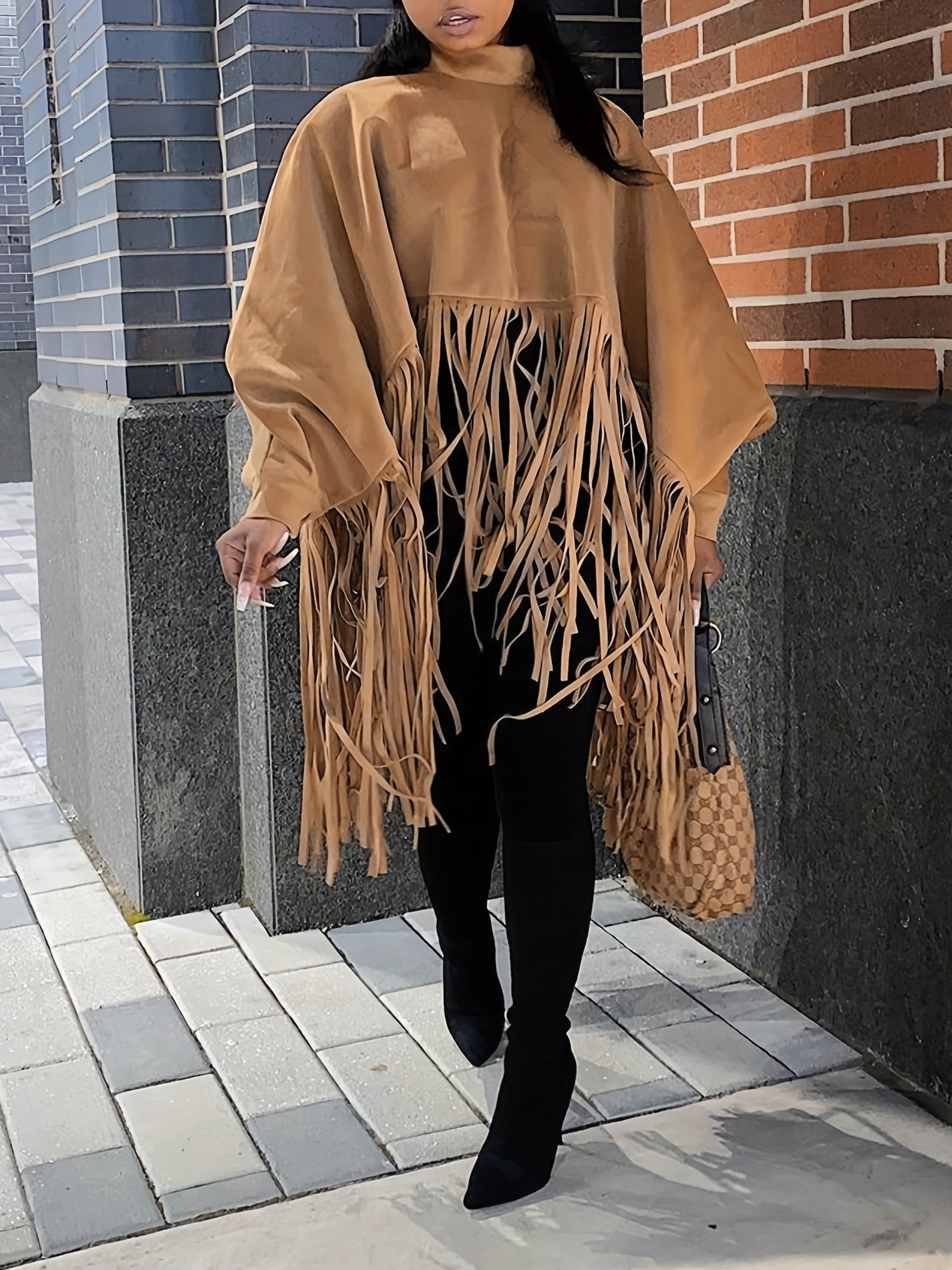 Tassel Cape Coat Casual Solid Long Sleeve Outerwear