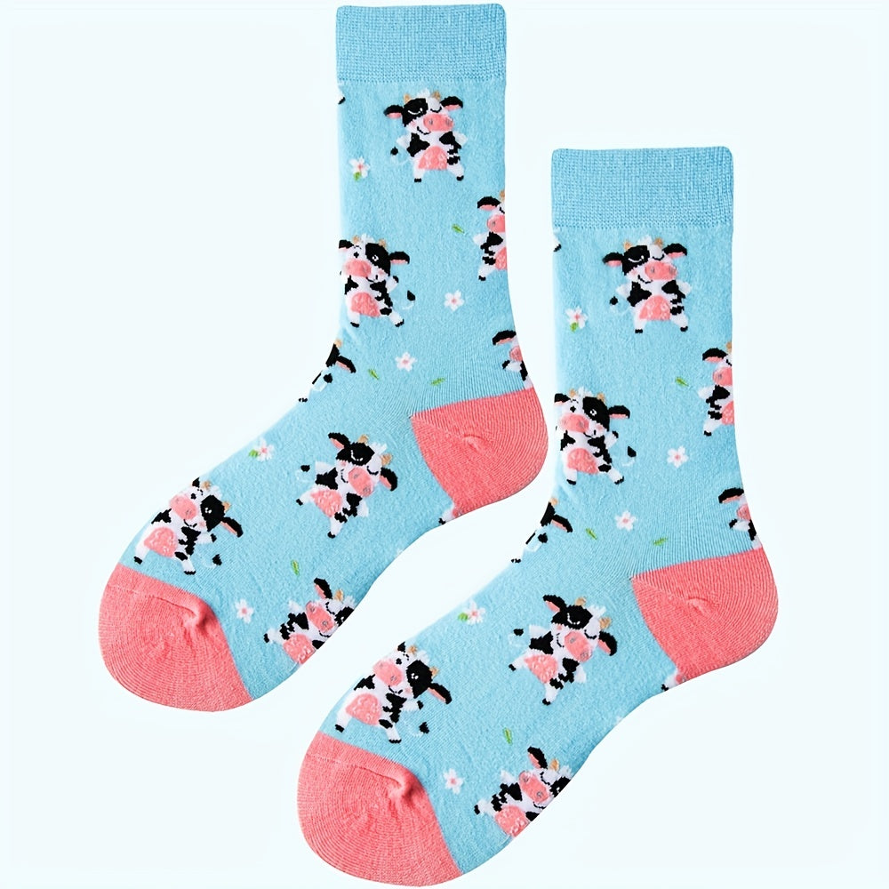 Cartoon Cow Print Socks & Funny Mid Tube Socks Women's Stockings
