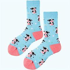 Cartoon Cow Print Socks & Funny Mid Tube Socks Women's Stockings