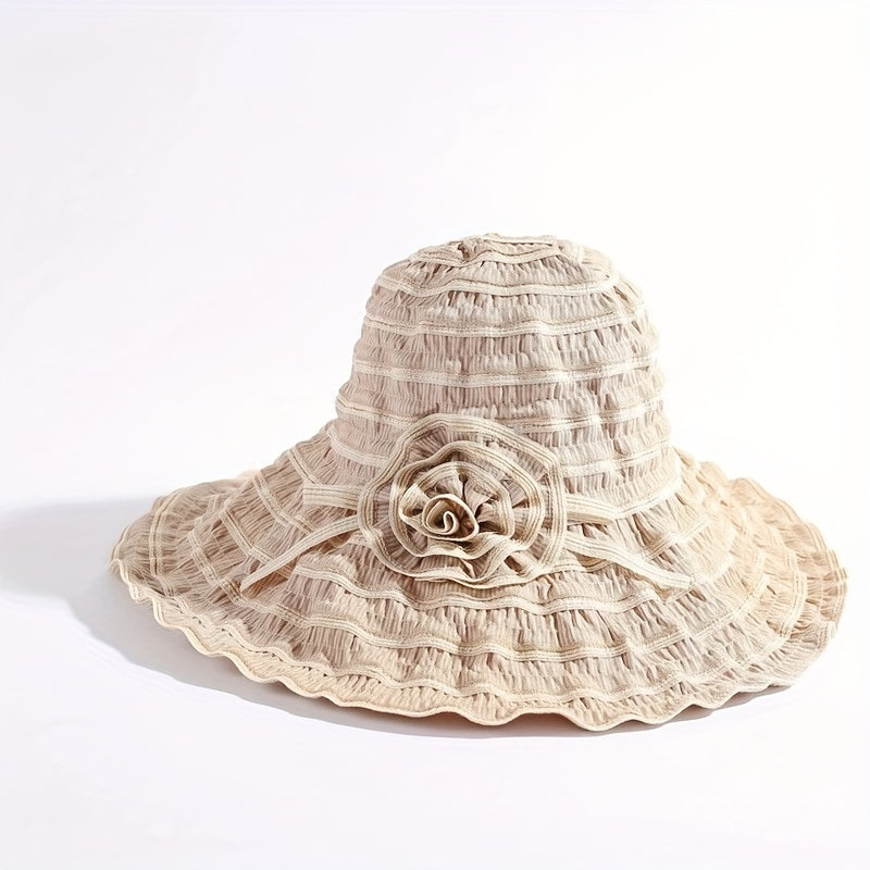 Pleated Sun Hat Flower Striped Bucket Hat Wide Brim
