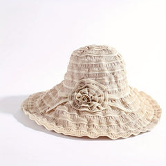 Pleated Sun Hat Flower Striped Bucket Hat Wide Brim