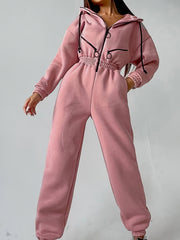 Drawstring Hooded Jumpsuit Long Slipper Zippered Pocket Sports Catsuit