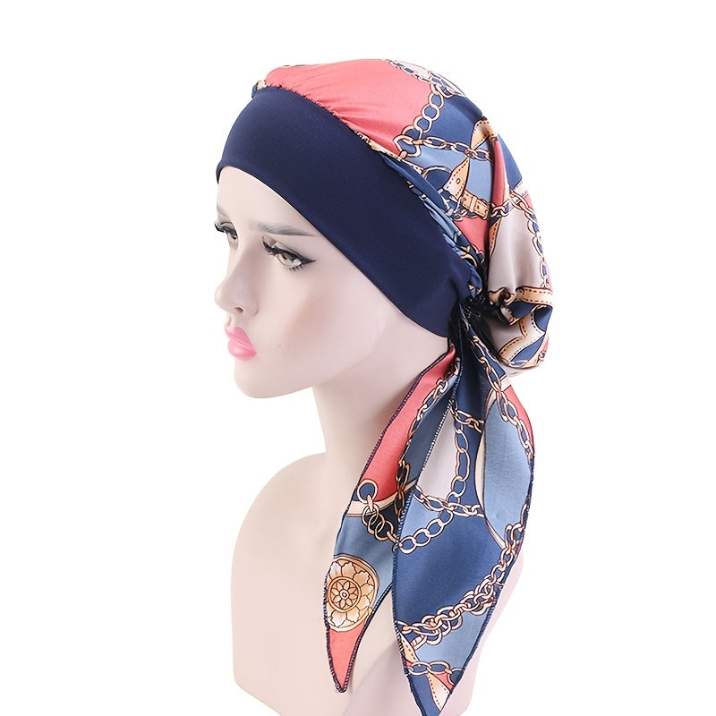 Navy Chain Print Turban Cap Satin Elastic Headband Wrap Hair Cap